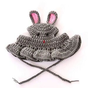Gray Crochet Bunny Ear Hat with Ruffle for Small Pet Cat Dog (S)